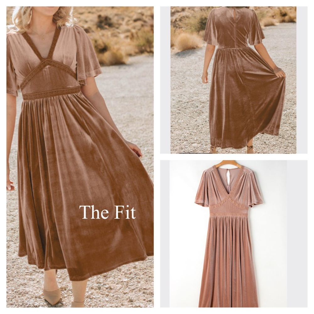 Chestnut Velvet Midi Dress | Flutter Sleeve Empire Waist